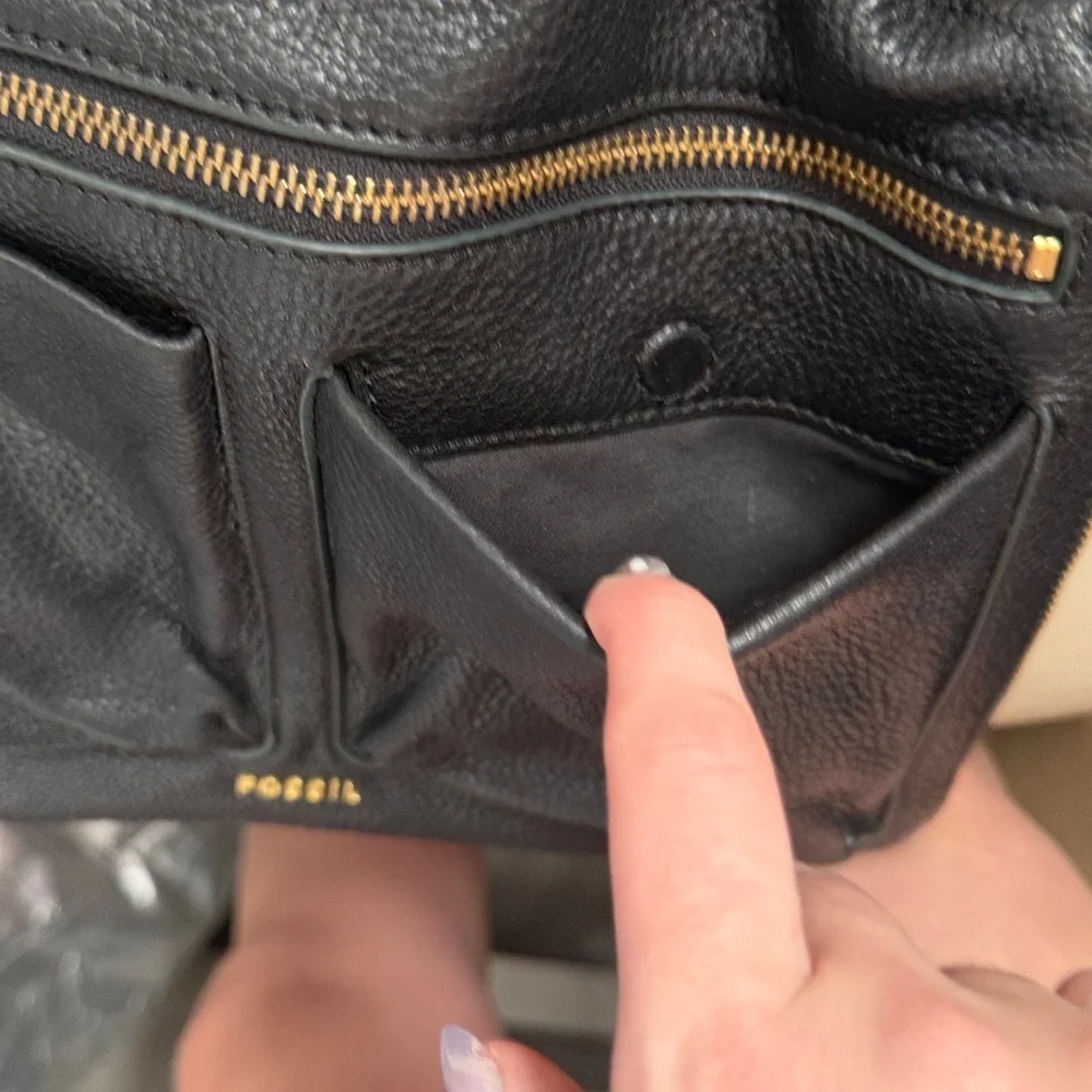 Fossil Black Leather Crossbody with Gold Key Charm Expandable
